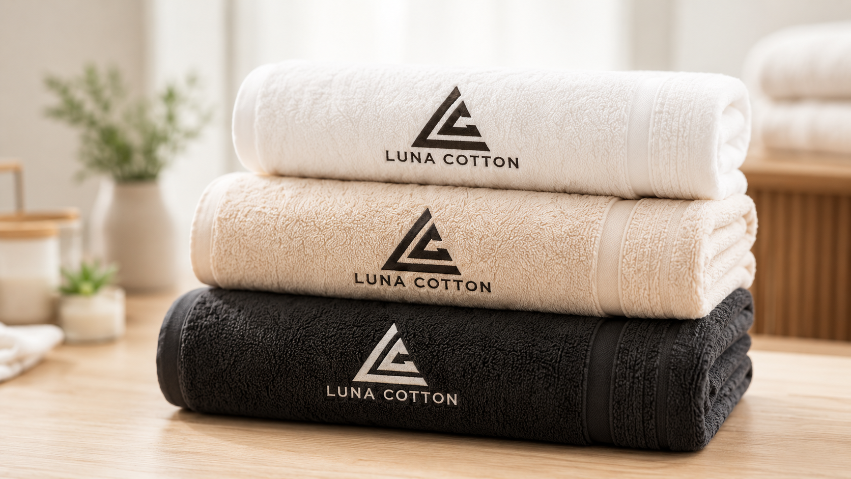 Luna Cotton logolu beyaz, bej ve siyah toptan havlu çeşitleri