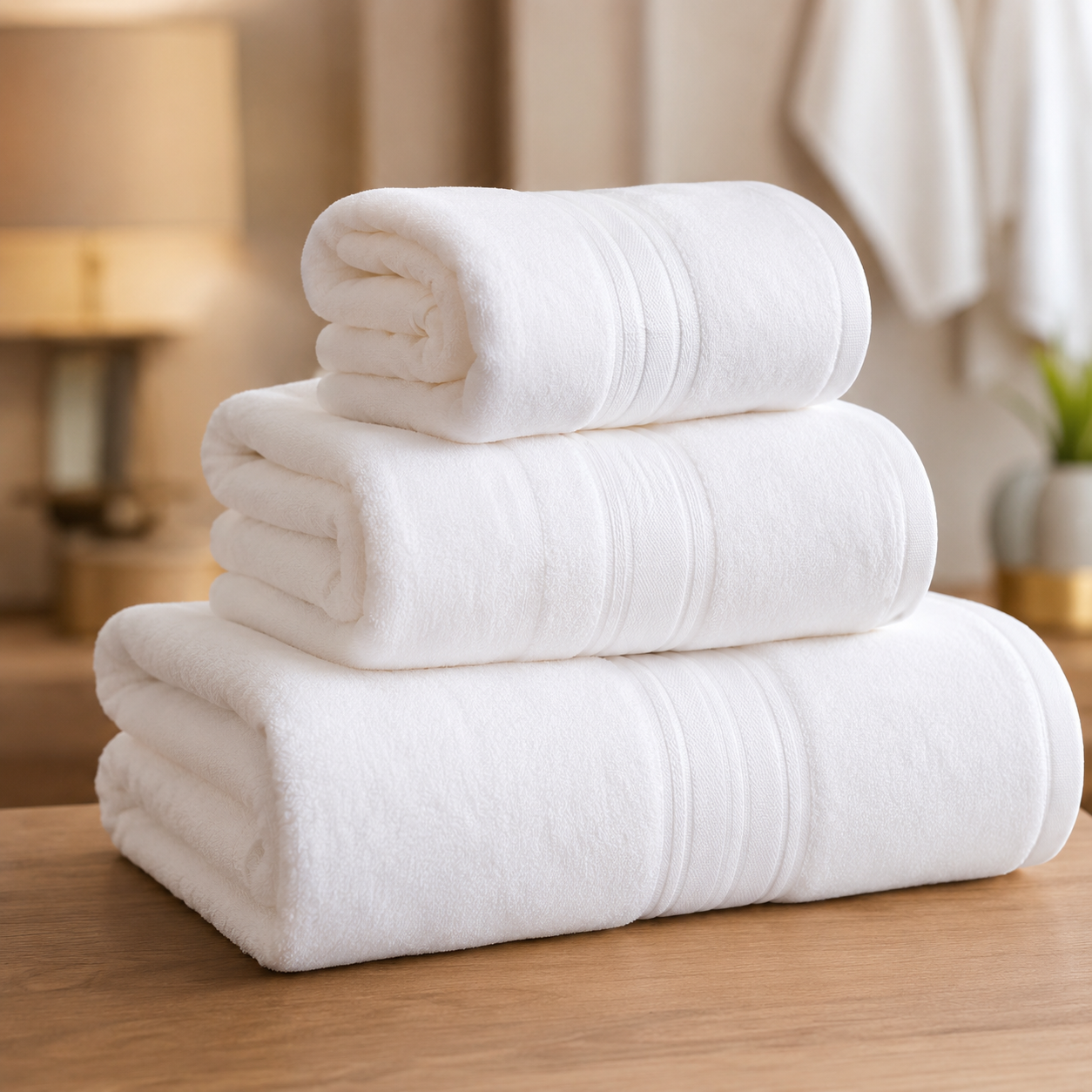 Üst üste dizilmiş beyaz profesyonel otel havluları