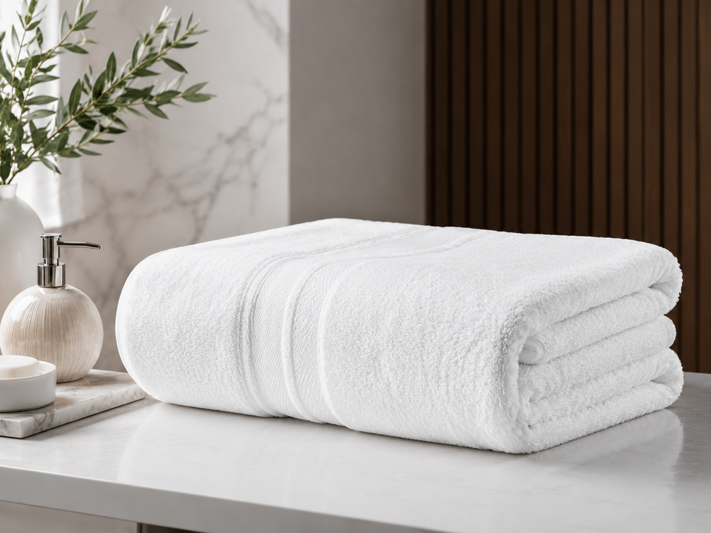 Minimal banyoda katlanmış beyaz otel havlusu