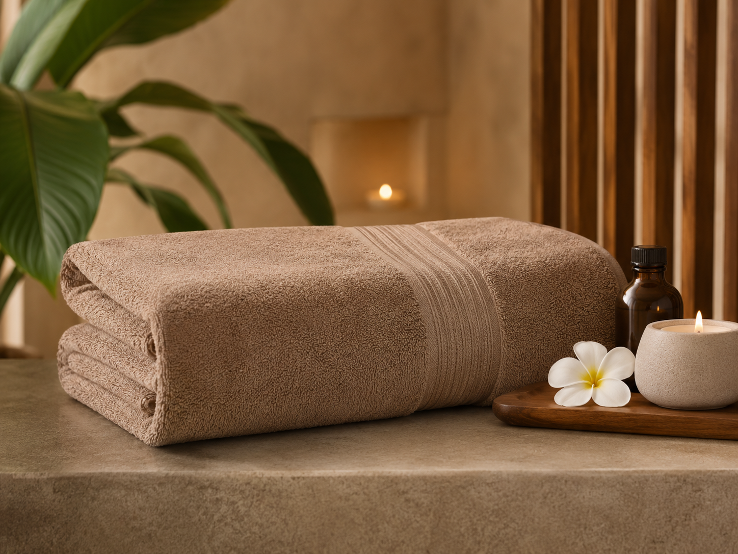 Sıcak spa atmosferinde bej tonlu spa havlusu