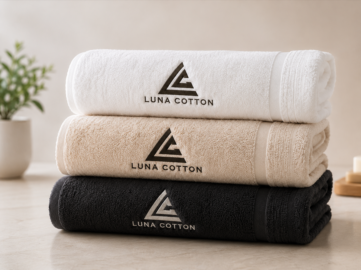 Düzenli biçimde istiflenmiş Luna Cotton logolu beyaz, bej ve siyah havlular
