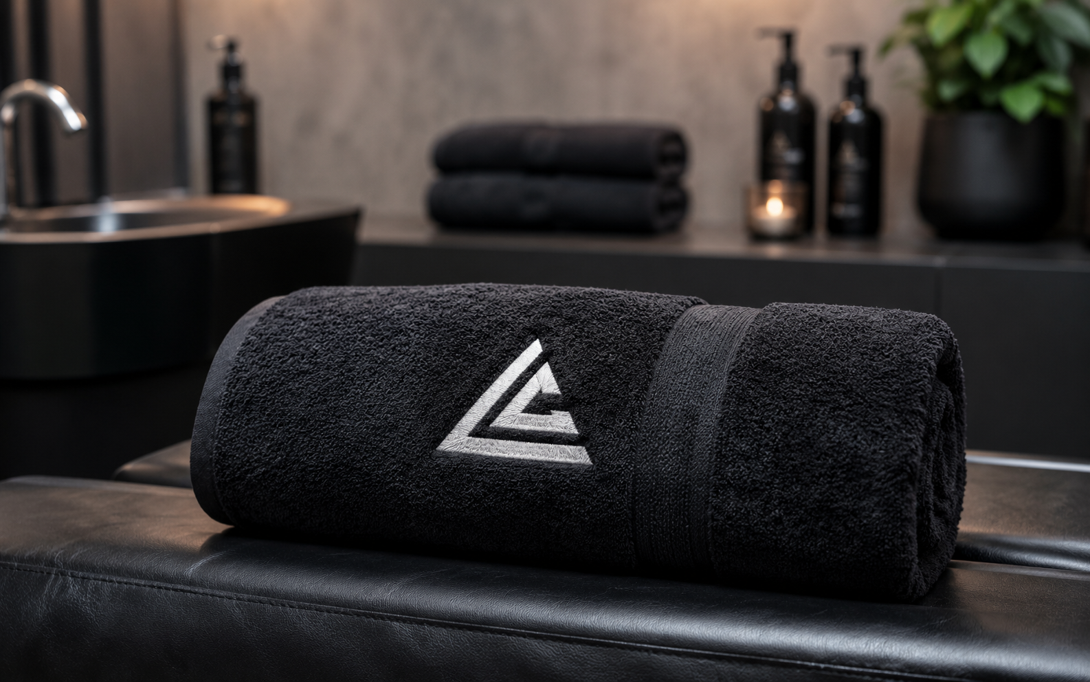 Modern spa banyosunda siyah logolu rulo havlu