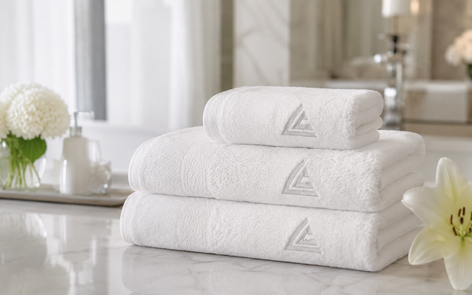 Lüks banyo ortamında Luna Cotton logolu beyaz havlu seti