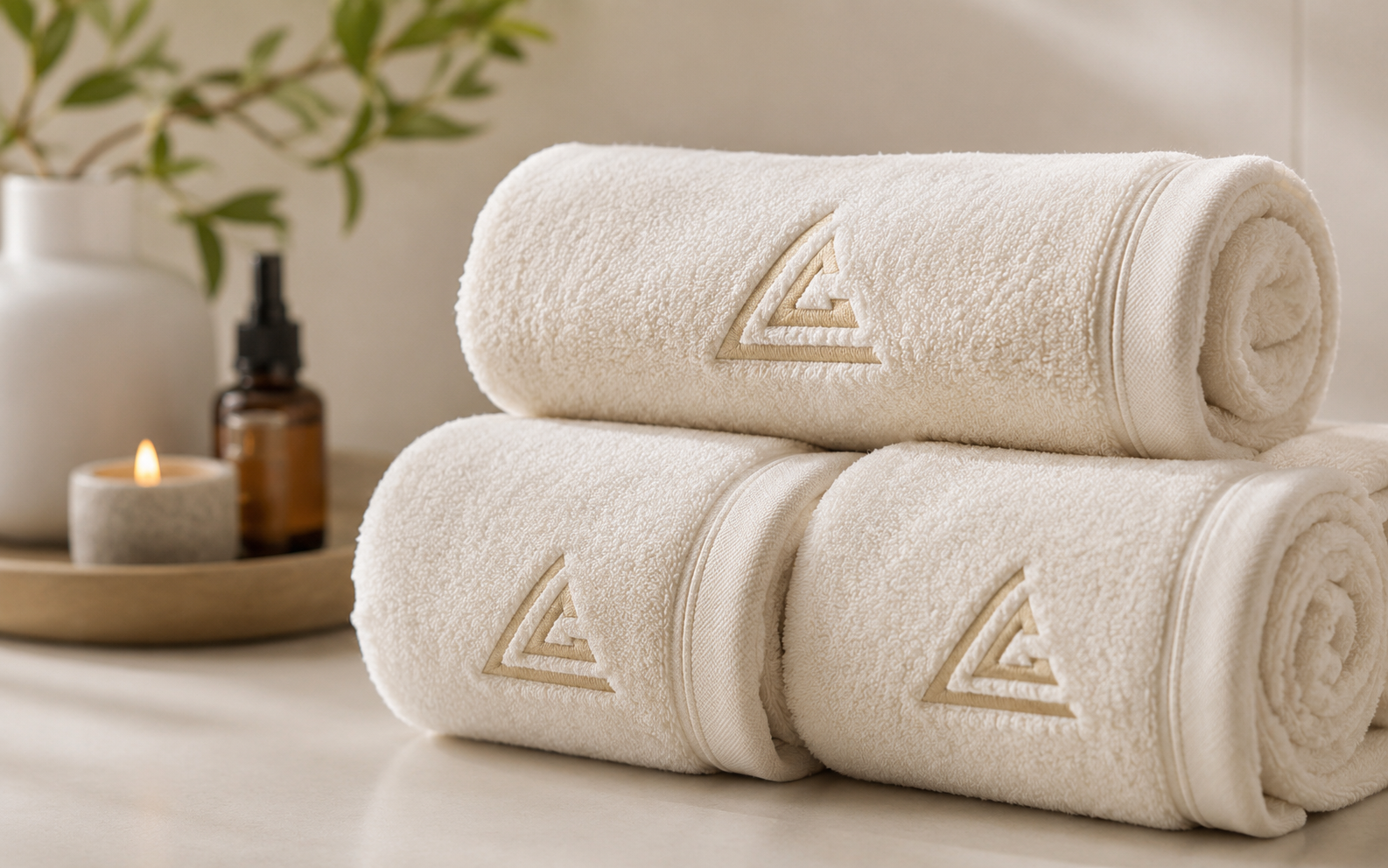 Sakin spa atmosferinde Luna Cotton logolu açık renk havlular