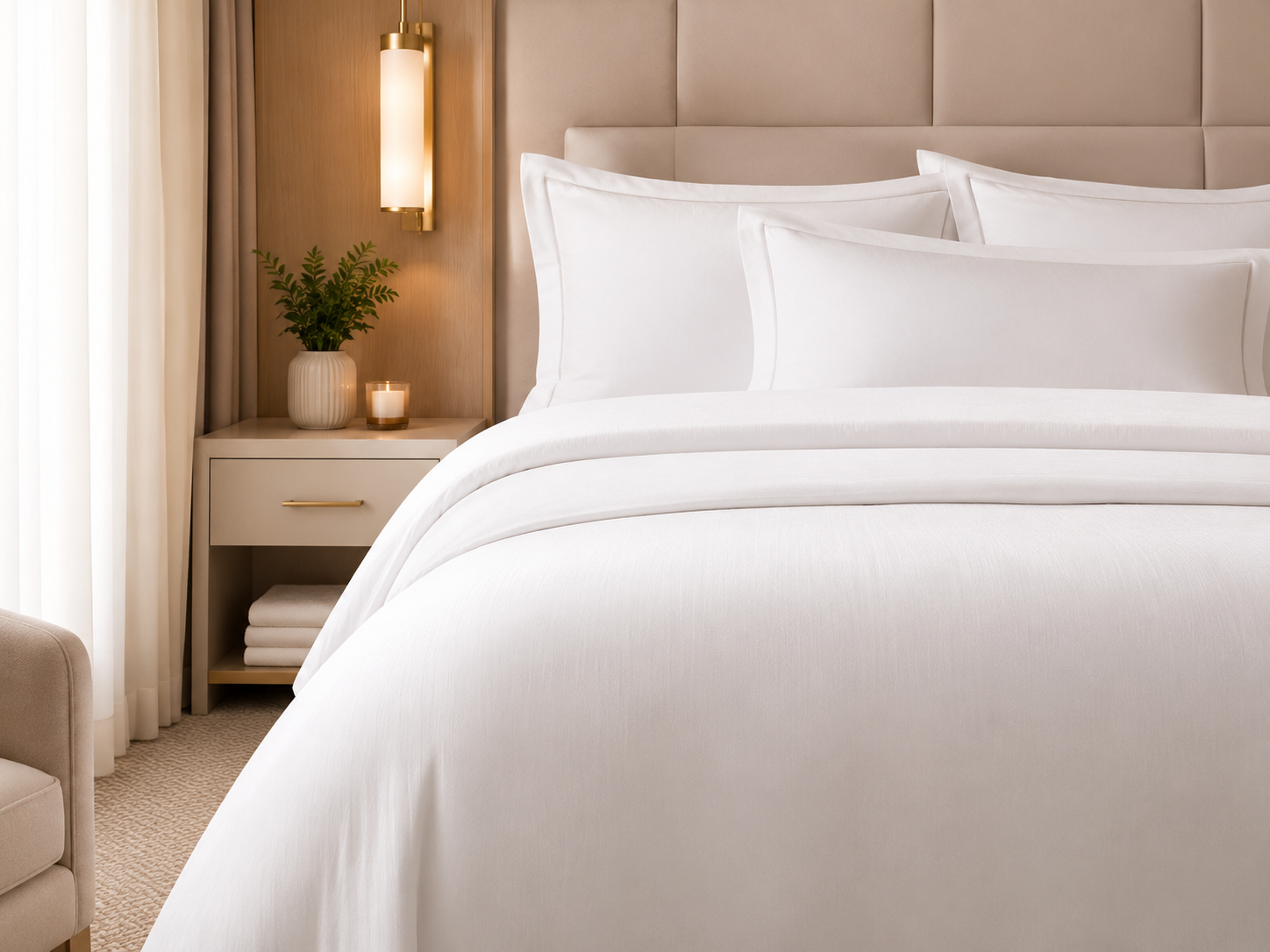 Beyaz otel yatağı ve profesyonel otel tekstili ürünleri