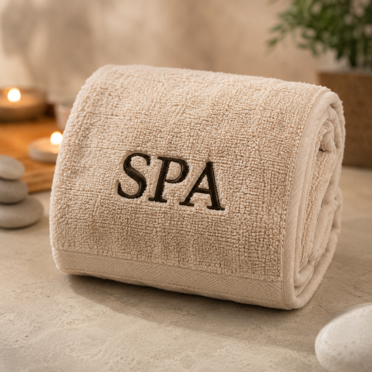 Spa ve masaj ortamı için bej tonlu nakışlı havlu