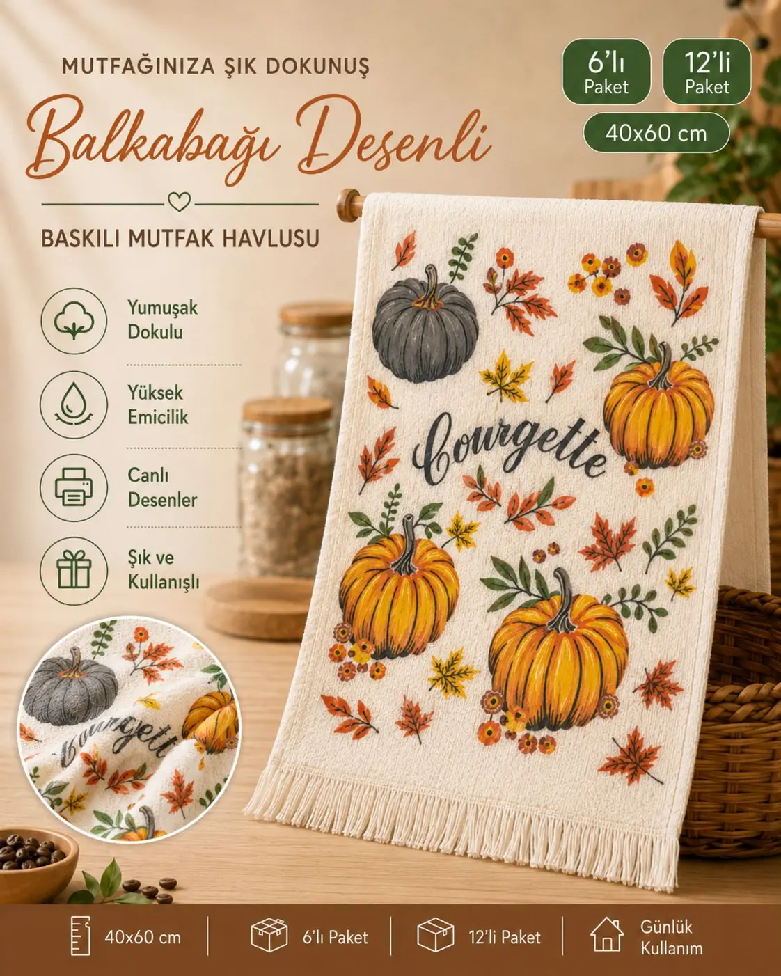Toptan Baskılı Mutfak Havlusu 15 Balkabağı desenli 40x60 toptan baskılı mutfak havlusu