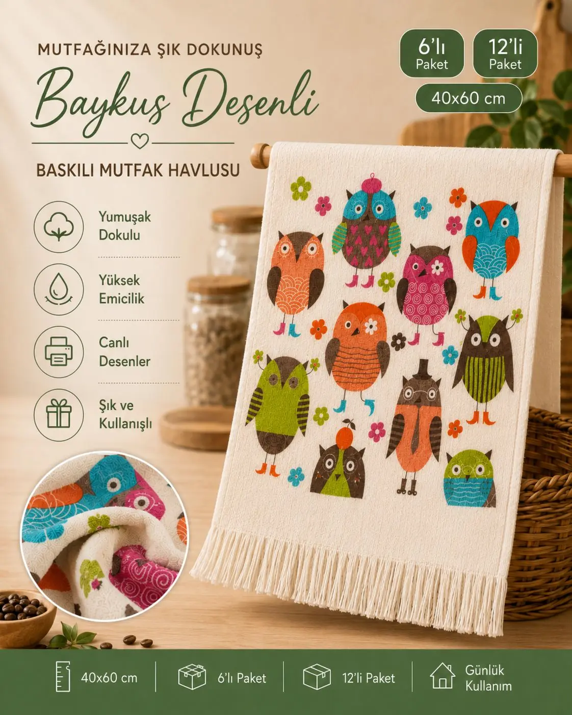Toptan Baskılı Mutfak Havlusu 6 Renkli baykuş desenli 40x60 toptan mutfak havlusu