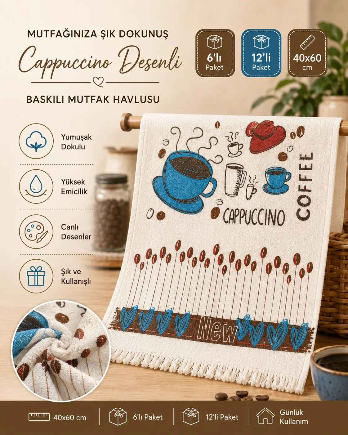 Toptan Baskılı Mutfak Havlusu 17 Cappuccino desenli 40x60 toptan baskılı mutfak havlusu