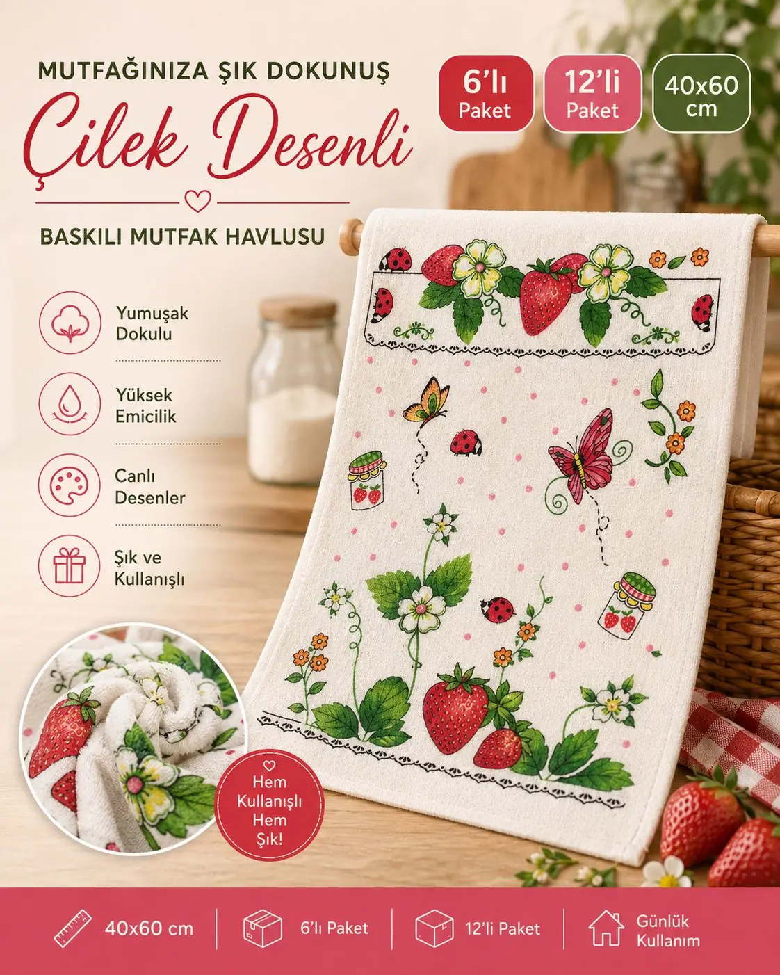 Toptan Baskılı Mutfak Havlusu 2 Çilek desenli 40x60 toptan baskılı mutfak havlusu