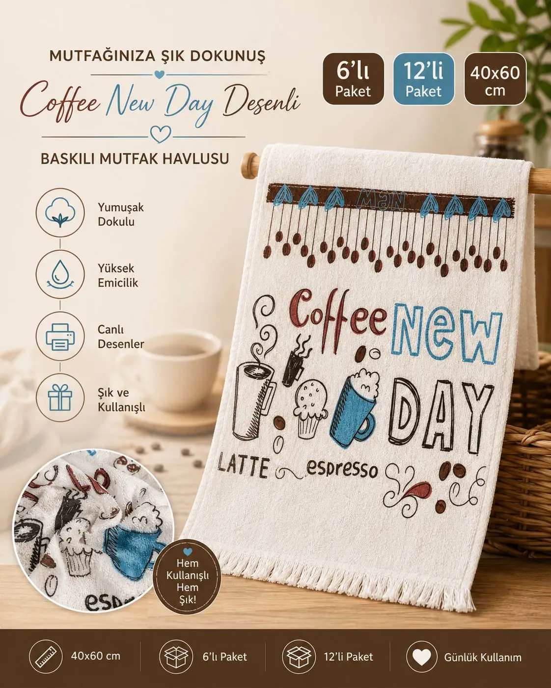 Toptan Baskılı Mutfak Havlusu 14 Coffee New Day desenli 40x60 toptan mutfak havlusu
