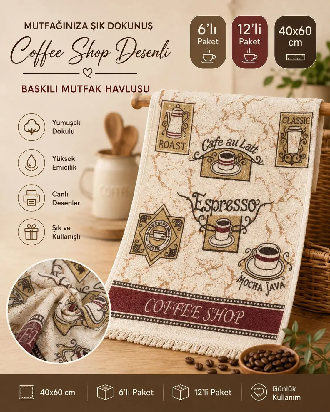 Toptan Baskılı Mutfak Havlusu 8 Coffee Shop desenli 40x60 toptan baskılı mutfak havlusu