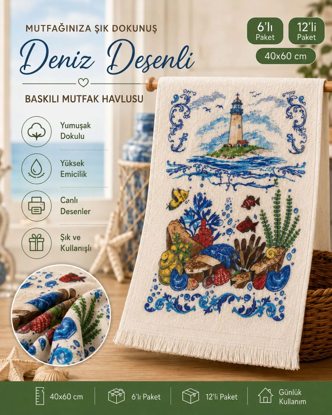 Toptan Baskılı Mutfak Havlusu 9 Deniz desenli 40x60 toptan baskılı mutfak havlusu