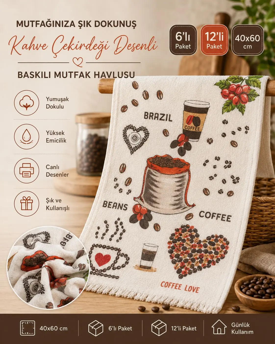 Toptan Baskılı Mutfak Havlusu 13 Kahve çekirdeği desenli 40x60 toptan mutfak havlusu