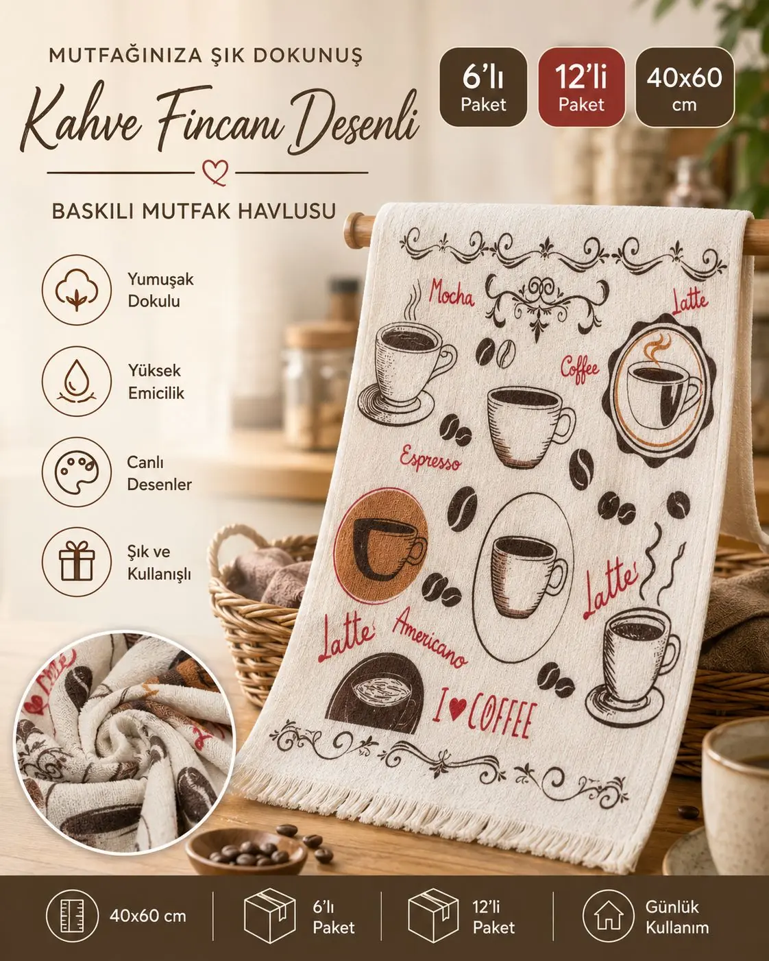 Toptan Baskılı Mutfak Havlusu 12 Kahve fincanı desenli 40x60 toptan baskılı mutfak havlusu