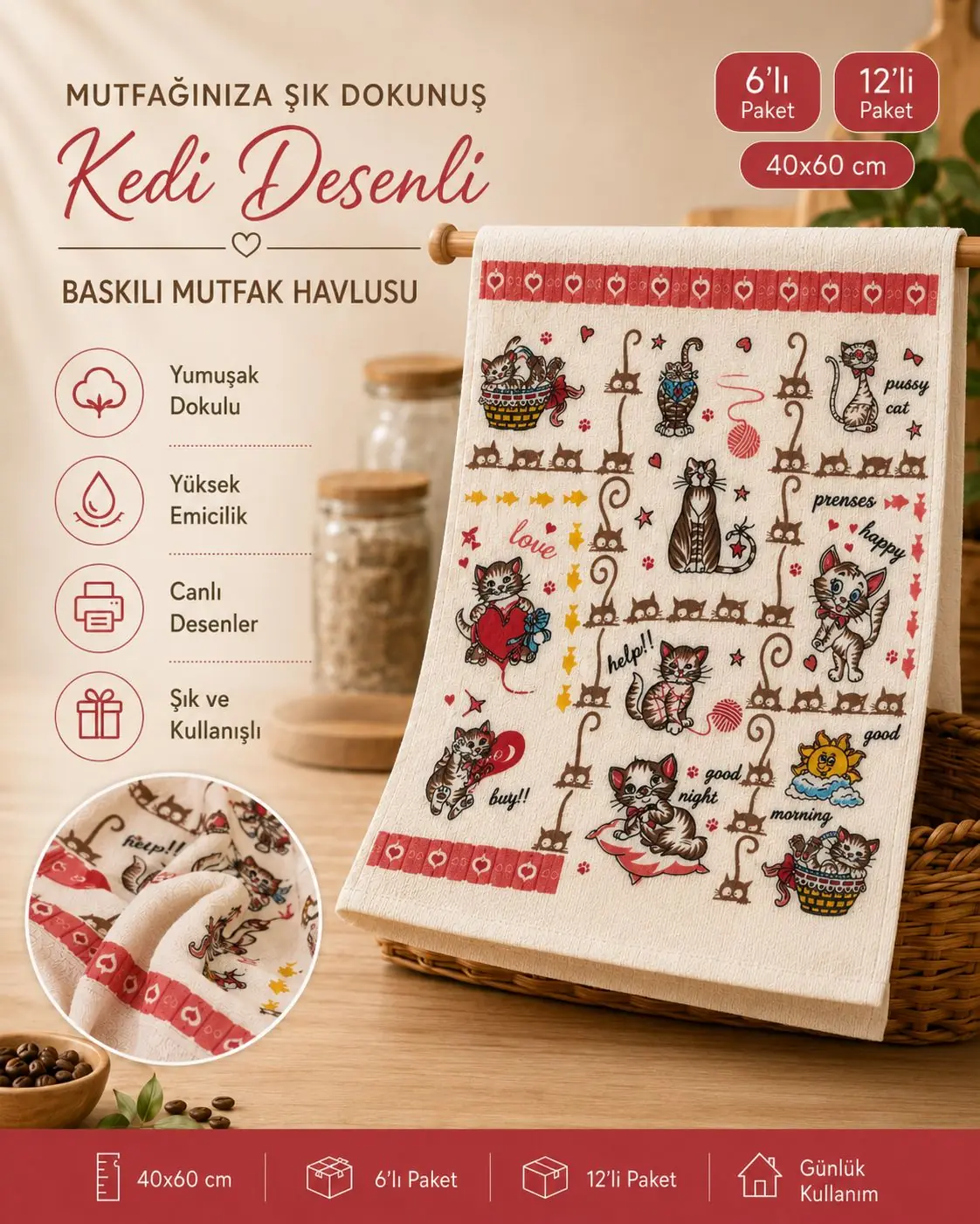 Toptan Baskılı Mutfak Havlusu 7 Renkli kedi desenli 40x60 toptan baskılı mutfak havlusu