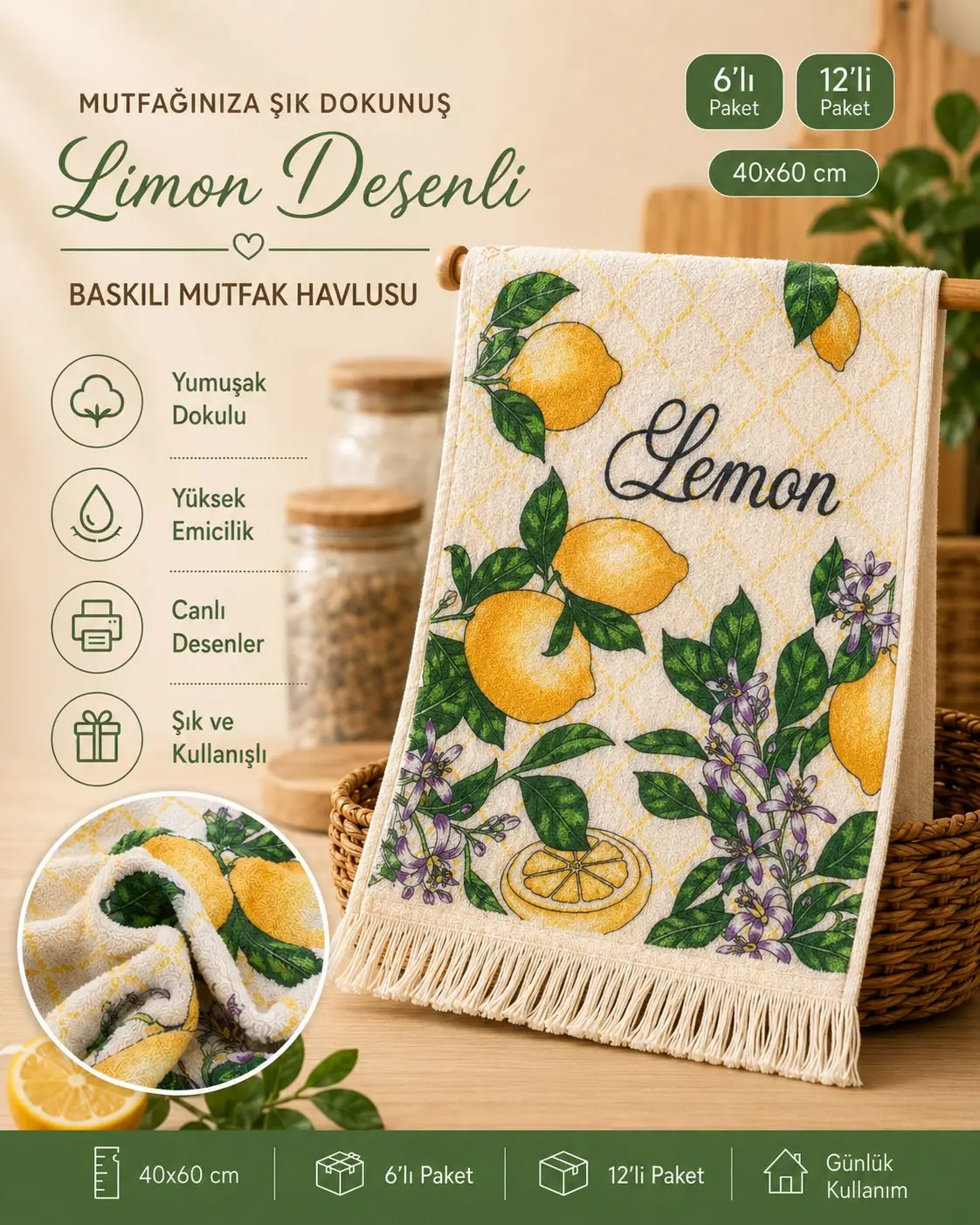 Toptan Baskılı Mutfak Havlusu 10 Limon desenli 40x60 toptan baskılı mutfak havlusu