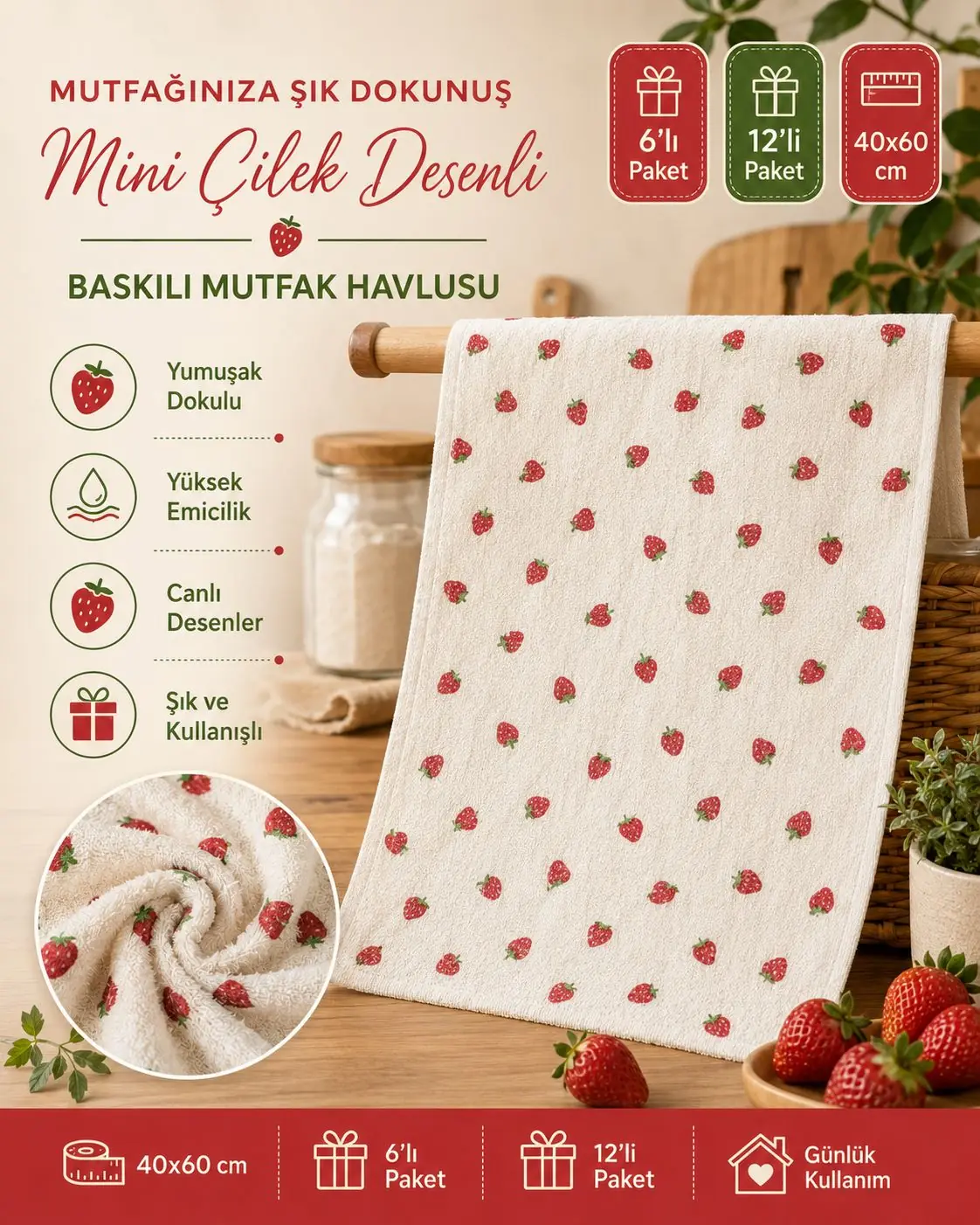 Toptan Baskılı Mutfak Havlusu 3 Mini çilek desenli 40x60 toptan mutfak havlusu