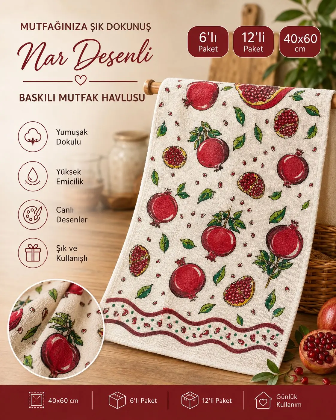 Toptan Baskılı Mutfak Havlusu 16 Nar desenli 40x60 toptan baskılı mutfak havlusu