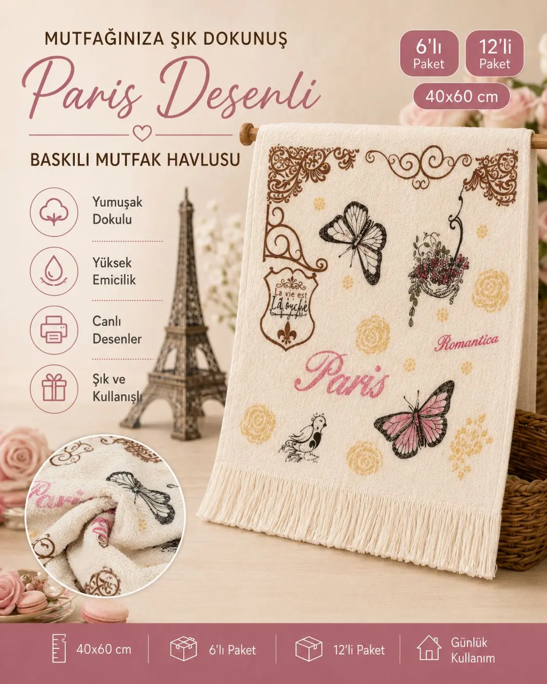 Toptan Baskılı Mutfak Havlusu 5 Paris desenli 40x60 toptan baskılı mutfak havlusu